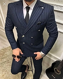 Lacıvert çizgili kruvaze takım