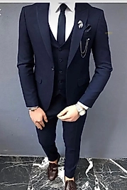 YÜNLÜ LACİVERT  ERKEK YELEKLİ TAKIM ELBISE